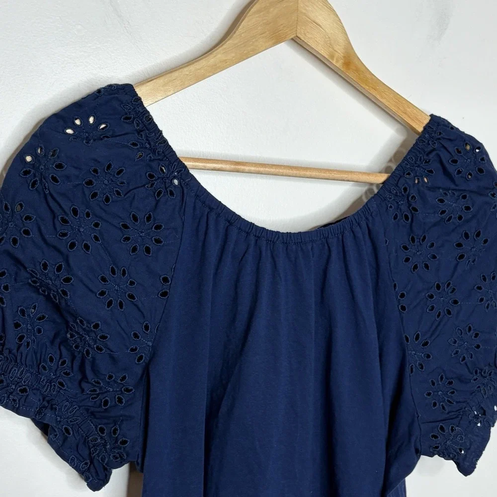 J Crew Eyelet Puff Sleeve Top Navy Womens Size M Nautical Preppy Fisherman